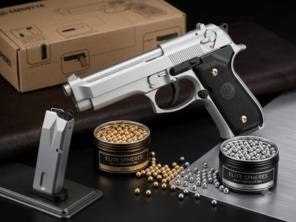 Premium Quality Beretta M92 Full Metal Blaster Replica, Heavy Metallic Body Toy, Detachable Magazine & 6mm Steel Gold Silver BB Pellets