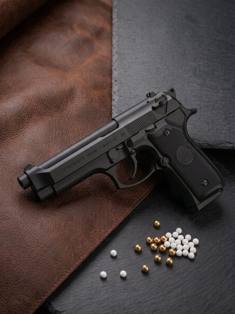 Premium Quality Beretta M92 Full Metal Blaster Replica, Heavy Metallic Body Toy, Detachable Magazine & 6mm Steel Gold Silver BB Pellets