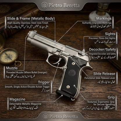 Premium Quality Beretta M92 Full Metal Blaster Replica, Heavy Metallic Body Toy, Detachable Magazine & 6mm Steel Gold Silver BB Pellets