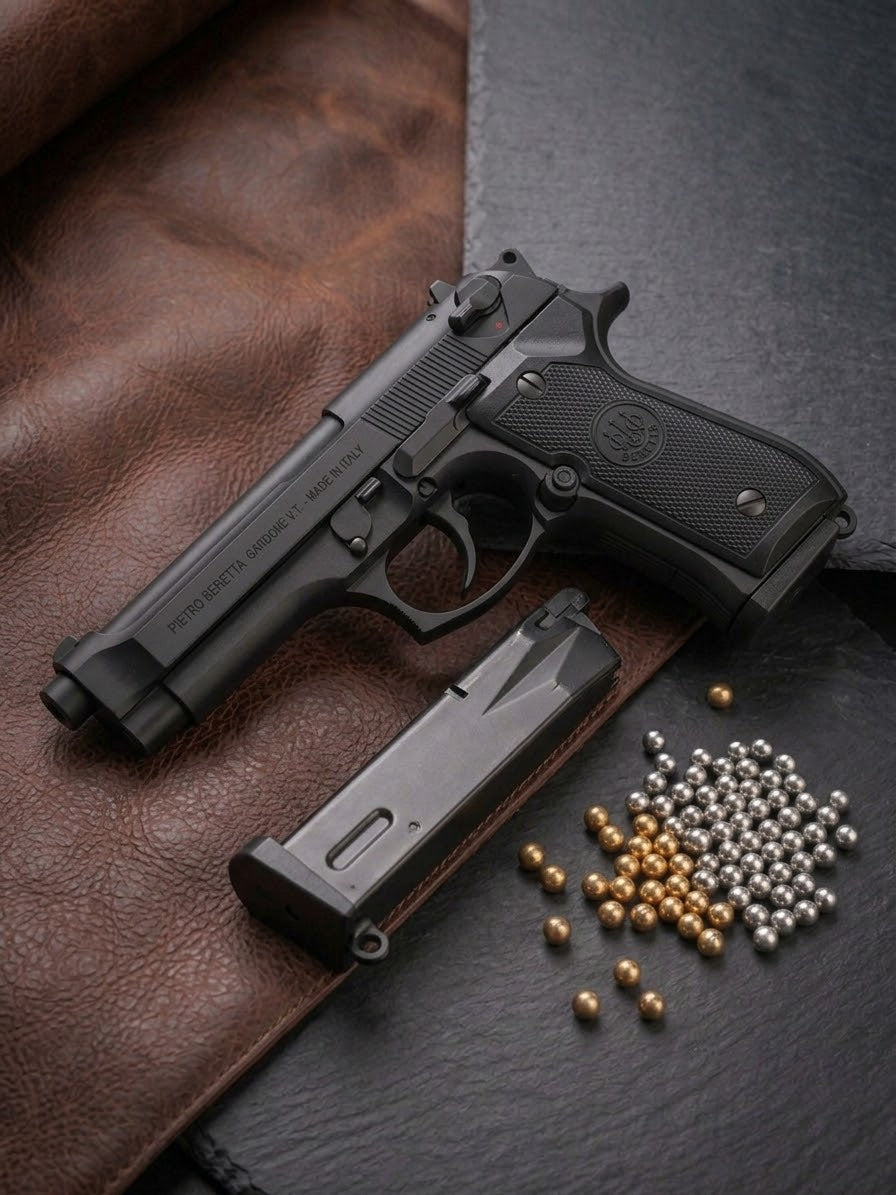 Premium Quality Beretta M92 Full Metal Blaster Replica, Heavy Metallic Body Toy, Detachable Magazine & 6mm Steel Gold Silver BB Pellets