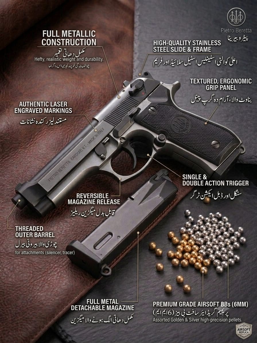 Premium Quality Beretta M92 Full Metal Blaster Replica, Heavy Metallic Body Toy, Detachable Magazine & 6mm Steel Gold Silver BB Pellets