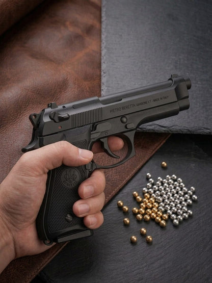 Premium Quality Beretta M92 Full Metal Blaster Replica, Heavy Metallic Body Toy, Detachable Magazine & 6mm Steel Gold Silver BB Pellets